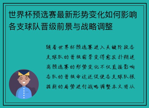 世界杯预选赛最新形势变化如何影响各支球队晋级前景与战略调整 世界杯预选赛最新形势变化如何影响各支球队晋级前景与战略调整