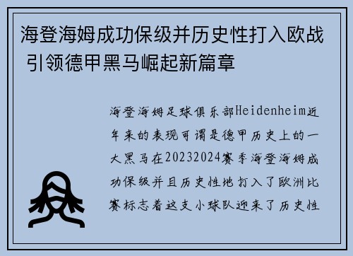 海登海姆成功保级并历史性打入欧战 引领德甲黑马崛起新篇章